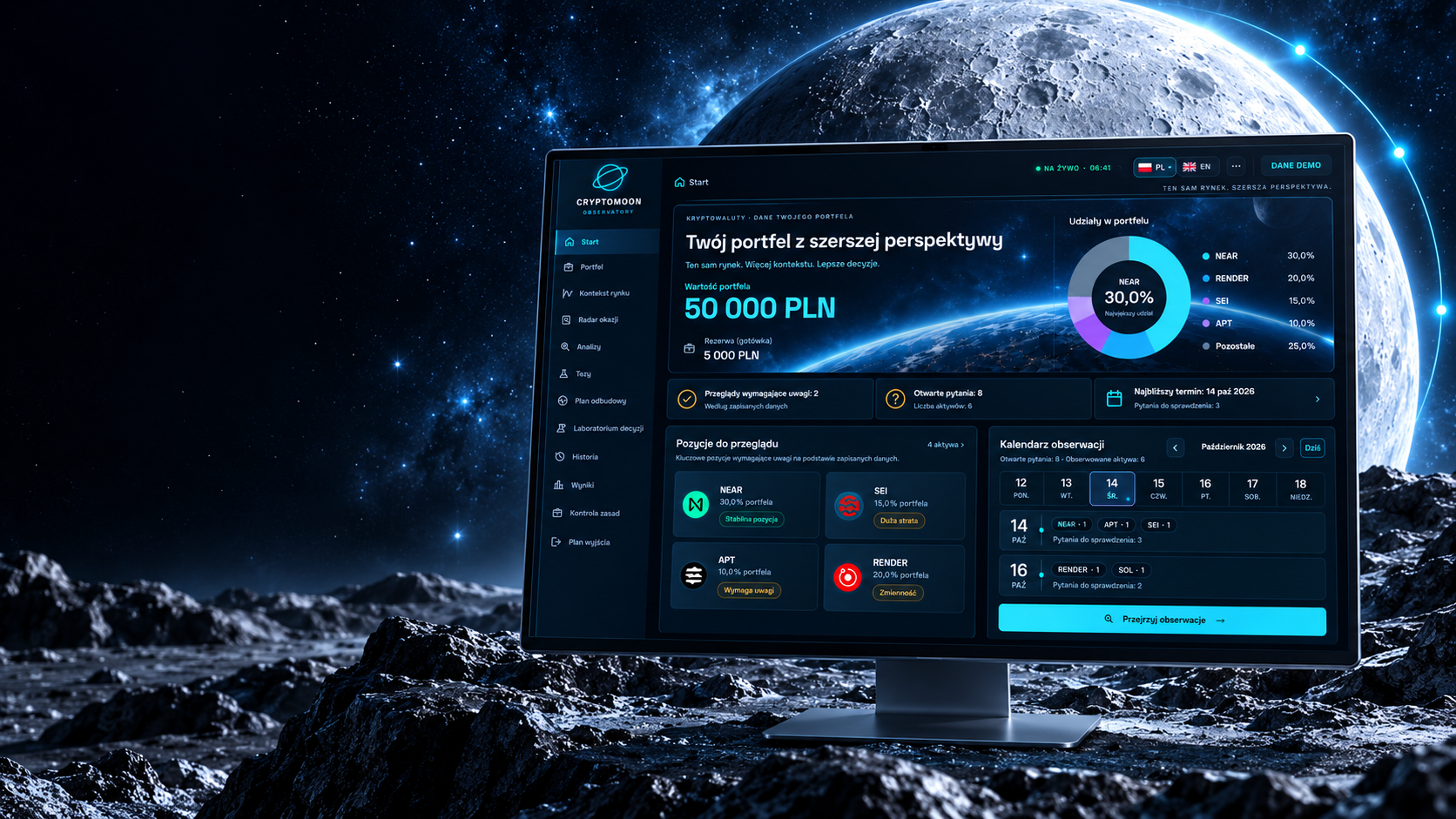 Wizualizacja CryptoMoon: ekran portfela na tle księżyca i rozgwieżdżonego nieba